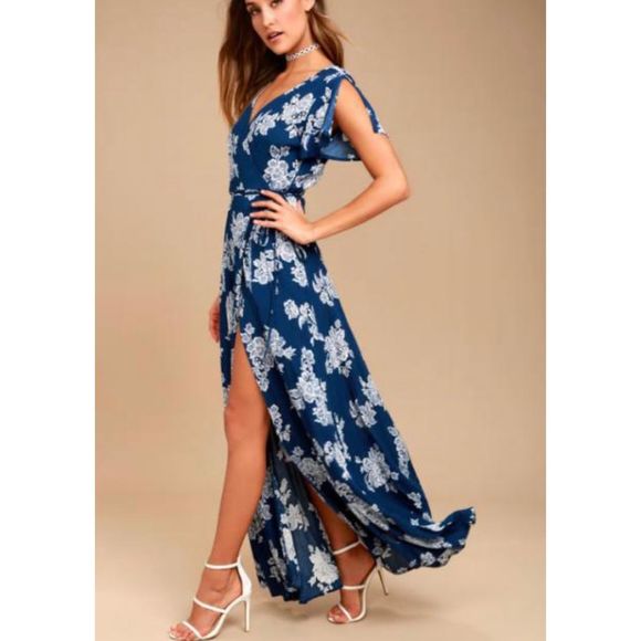 Lulu's Heart of Marigold Navy Blue Floral Print Wrap Maxi Dress XL Boho Rayon - Picture 2 of 14